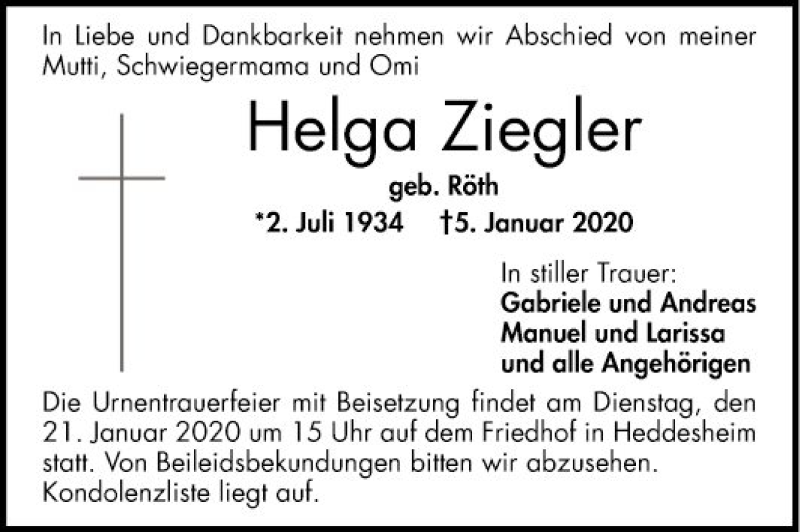  Traueranzeige für Helga Ziegler vom 18.01.2020 aus Mannheimer Morgen