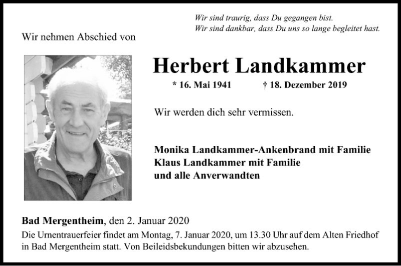  Traueranzeige für Herbert Landkammer vom 02.01.2020 aus Fränkische Nachrichten