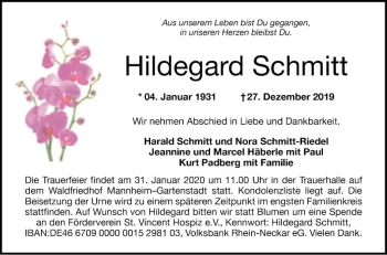 Traueranzeige von Hildegard Schmitt von Mannheimer Morgen