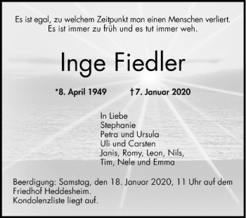 Traueranzeige von Inge Fiedler von Mannheimer Morgen