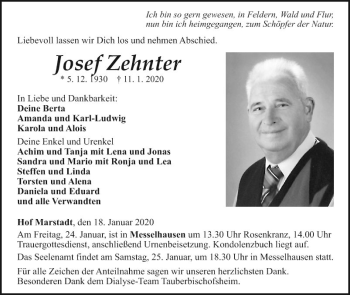Traueranzeige von Josef Zehnter von Fränkische Nachrichten