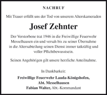 Traueranzeige von Josef Zehnter von Fränkische Nachrichten