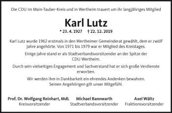Traueranzeige von Karl Lutz von Fränkische Nachrichten