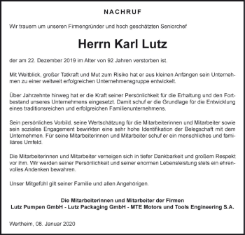 Traueranzeige von Karl Lutz von Fränkische Nachrichten