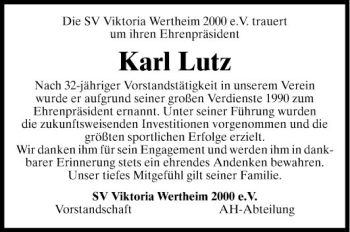 Traueranzeige von Karl Lutz von Fränkische Nachrichten
