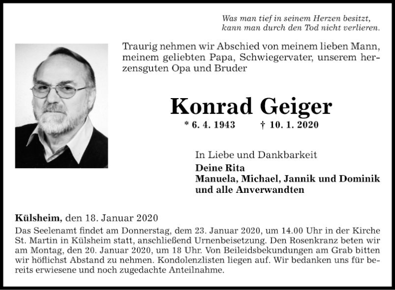 Traueranzeigen von Konrad Geiger | Trauerportal Ihrer Tageszeitung