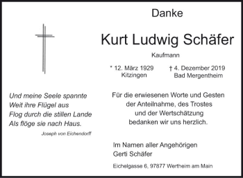 Traueranzeige von Kurt Ludwig Schäfer von Fränkische Nachrichten