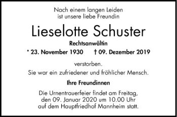 Traueranzeige von Lieselotte Schuster von Mannheimer Morgen