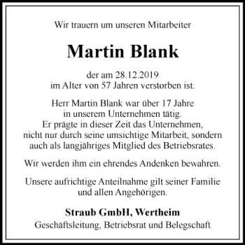 Traueranzeige von Martin Blank von Fränkische Nachrichten