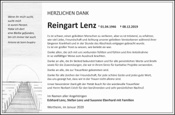 Traueranzeige von Reingart Lenz von Fränkische Nachrichten
