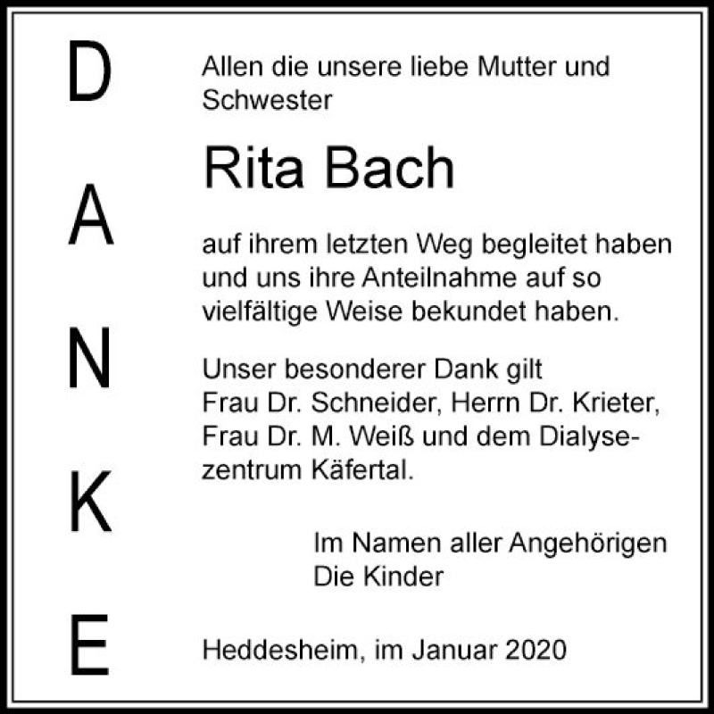  Traueranzeige für Rita Bach vom 30.01.2020 aus Mannheimer Morgen