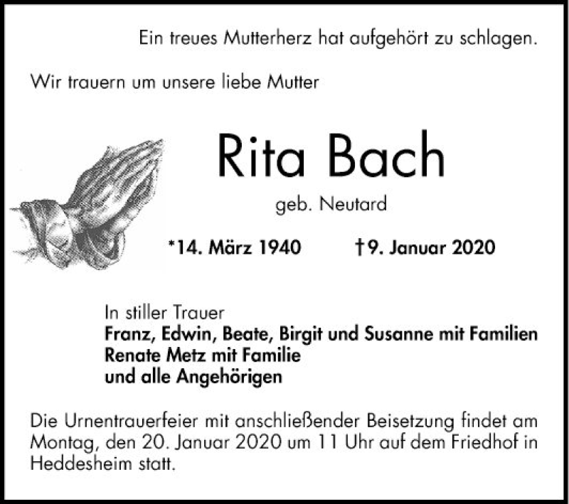  Traueranzeige für Rita Bach vom 16.01.2020 aus Mannheimer Morgen