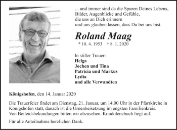 Traueranzeige von Roland Maag von Fränkische Nachrichten