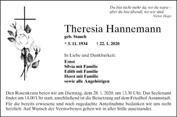 Traueranzeige von Theresia Hannemann von Fränkische Nachrichten