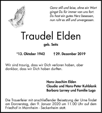 Traueranzeige von Traudel Elden von Mannheimer Morgen
