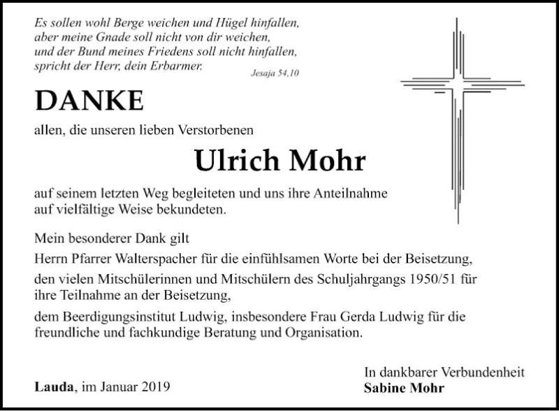  Traueranzeige für Ulrich Mohr vom 04.01.2020 aus Fränkische Nachrichten