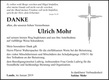 Traueranzeige von Ulrich Mohr von Fränkische Nachrichten