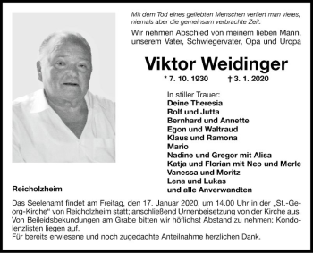 Traueranzeige von Viktor Weidinger von Fränkische Nachrichten