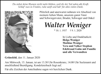 Traueranzeige von Walter Weniger von Fränkische Nachrichten