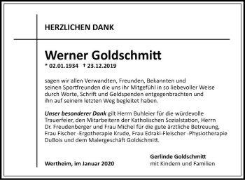 Traueranzeige von Werner Goldschmitt von Fränkische Nachrichten