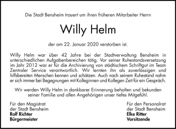 Traueranzeige von Willy Helm von Bergsträßer Anzeiger