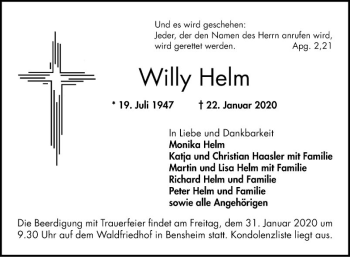 Traueranzeige von Willy Helm von Bergsträßer Anzeiger