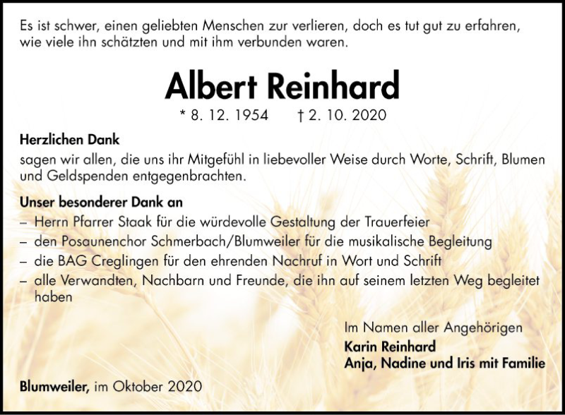 Traueranzeige für Albert Reinhard vom 31.10.2020 aus Fränkische Nachrichten