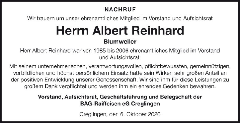  Traueranzeige für Albert Reinhard vom 07.10.2020 aus Fränkische Nachrichten