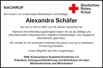 Traueranzeige von Alexandra Schäfer von Fränkische Nachrichten