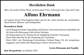Traueranzeige von Alfons Ehrmann von Fränkische Nachrichten