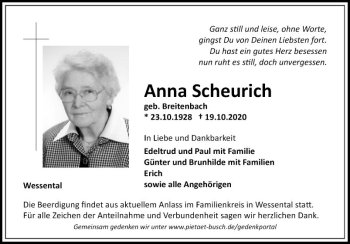 Traueranzeige von Anna Scheurich von Fränkische Nachrichten