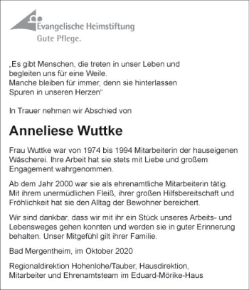 Traueranzeige von Anneliese Wuttke von Fränkische Nachrichten