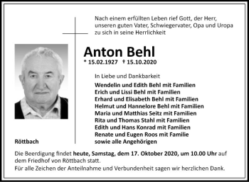 Traueranzeige von Anton Behl von Fränkische Nachrichten
