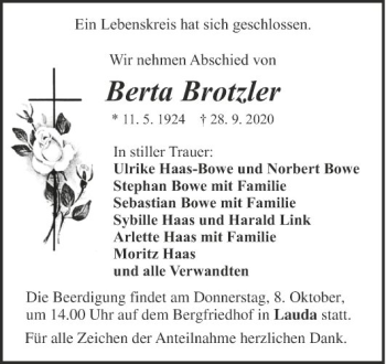 Traueranzeige von Berta Brotzler von Fränkische Nachrichten