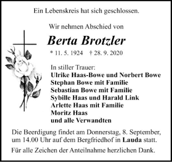 Traueranzeige von Berta Brotzler von Fränkische Nachrichten