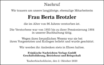 Traueranzeige von Berta Brotzler von Fränkische Nachrichten