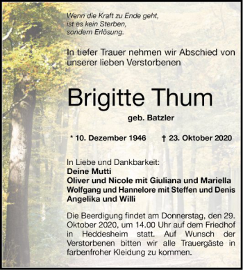 Traueranzeige von Brigitte Thum von Mannheimer Morgen