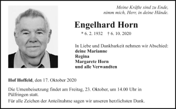 Traueranzeige von Engelhard Horn von Fränkische Nachrichten