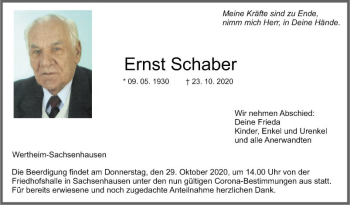 Traueranzeige von Ernst Schaber von Fränkische Nachrichten