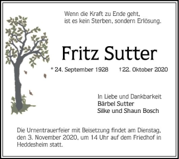 Traueranzeige von Fritz Sutter von Mannheimer Morgen