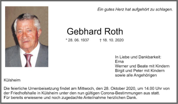 Traueranzeige von Gebhard Roth von Fränkische Nachrichten
