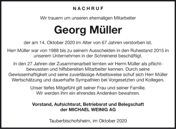 Traueranzeige von Georg Müller von Fränkische Nachrichten