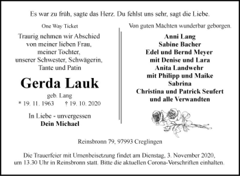 Traueranzeige von Gerda Lauk von Fränkische Nachrichten
