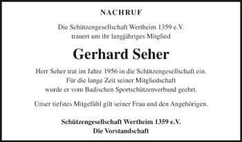 Traueranzeige von Gerhard Seher von Fränkische Nachrichten