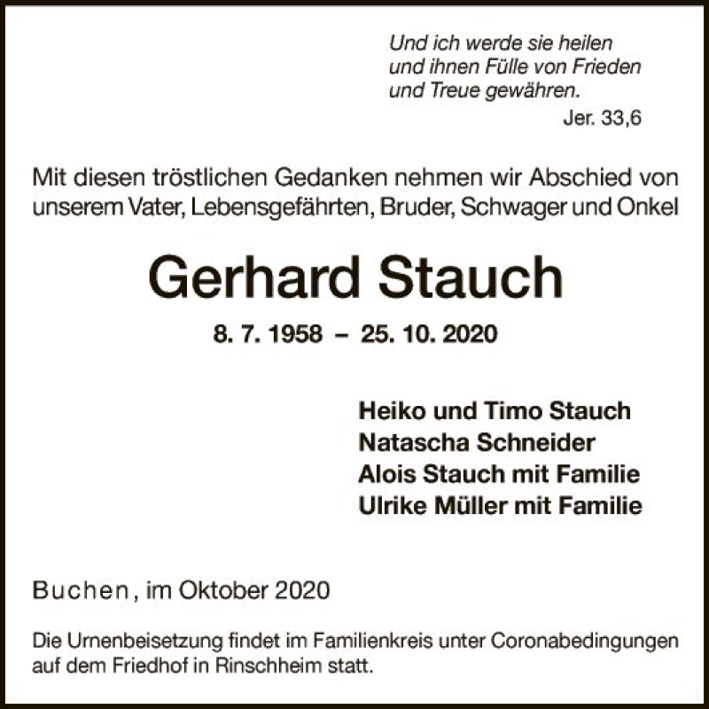  Traueranzeige für Gerhard Stauch vom 29.10.2020 aus Fränkische Nachrichten