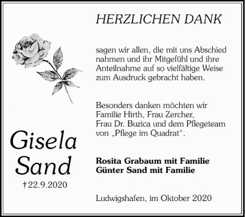  Traueranzeige für Gisela Sand vom 24.10.2020 aus Mannheimer Morgen