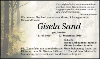 Traueranzeige von Gisela Sand von Mannheimer Morgen