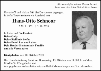 Traueranzeige von Hans-Otto Schnoor von Fränkische Nachrichten