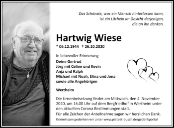 Traueranzeige von Hartwig Wiese von Fränkische Nachrichten