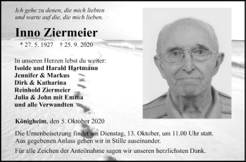 Traueranzeige von Inno Ziermeier von Fränkische Nachrichten